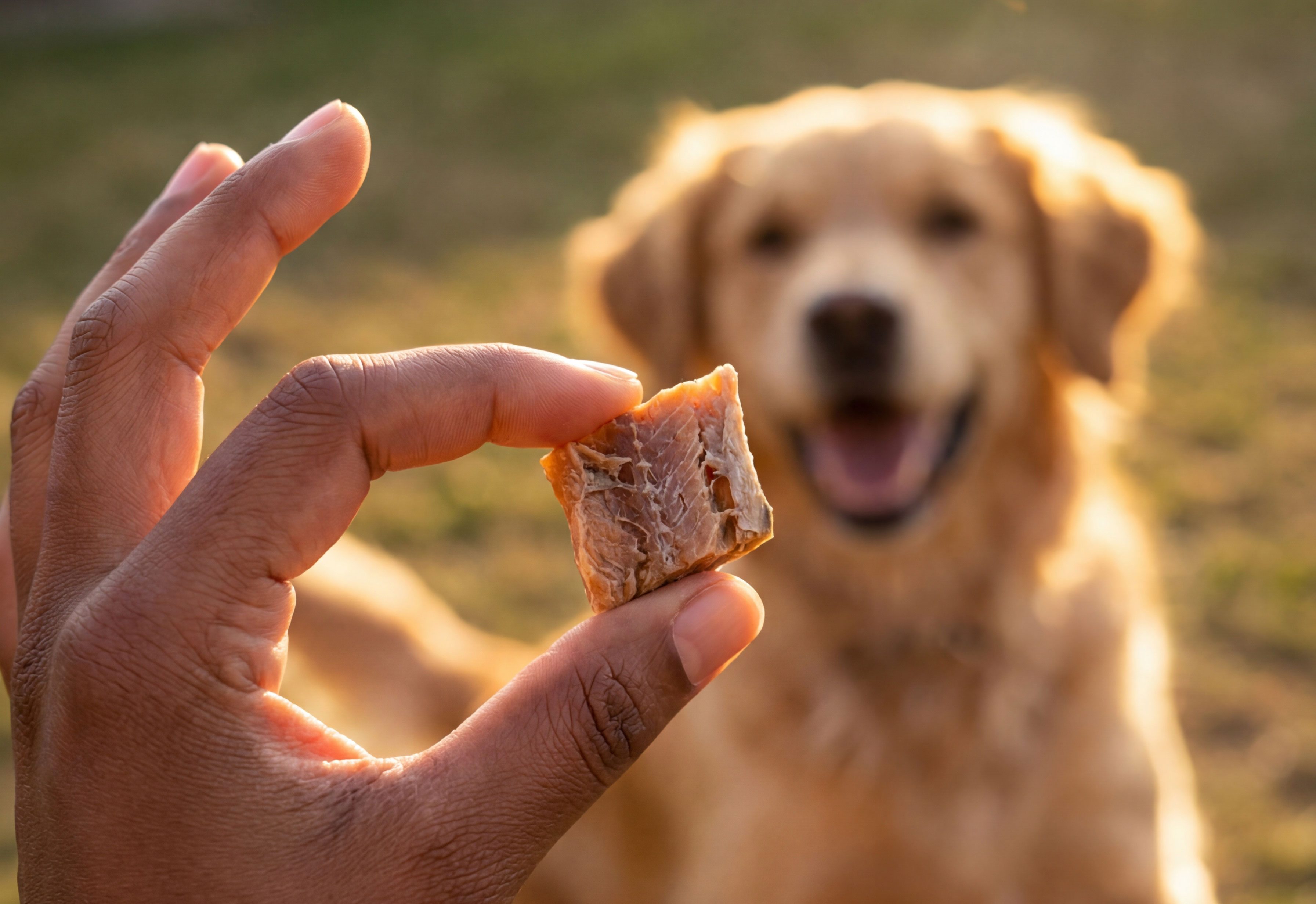 Golden retriever looking at a trout treat being held up